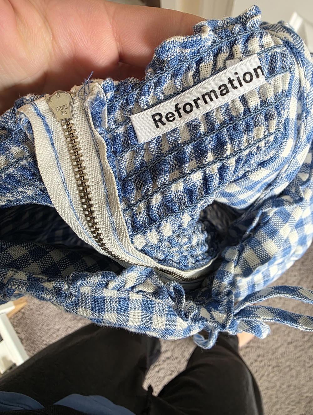 Reformation Holcomb Linen Top -Azure Blue Check Gingham Tie Strap Top Size 8 - Picture 8 of 9